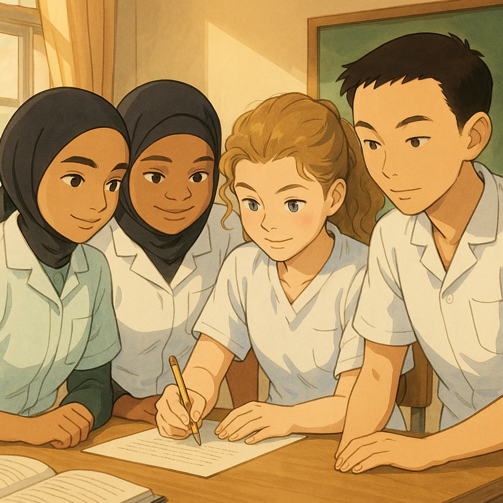 Quatre étudiants infirmiers, inspirés des quatre personnes sur les photos jointes, en style Ghibli, collaborant à l'intérieur. Uniformes blancs à manches courtes, col en V, poche poitrine à gauche, pas de stéthoscopes ni pied de col, avant-bras nus, cheveux longs attachés. Ambiance d'équipe et d'entraide. emoji