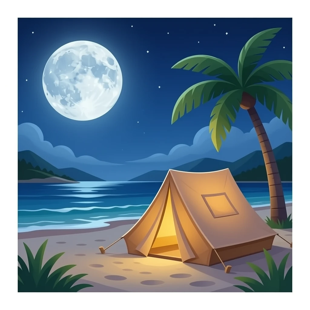 Tent with a light on in it on a moonlit beach in apocalypse emoji