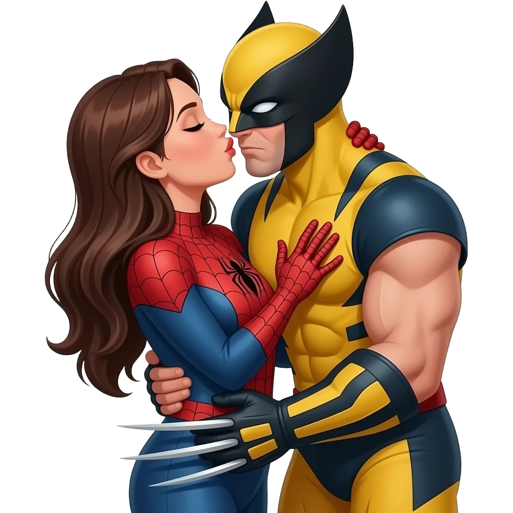 3 characters hugging and kissing: spiderman,  wolverine behind grabbing her hips emoji