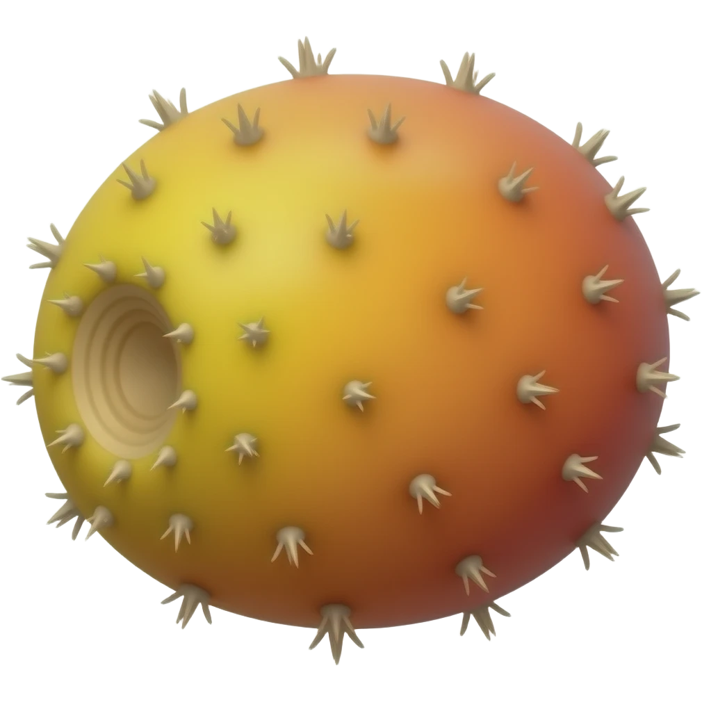 Make a stylised vector graphic illustration art yellow orange red slightly oval and irregularly shaped cactus fruit slightly angled slightly bumpy skin with every thorn having multiple tiny narrow mini needles emoji