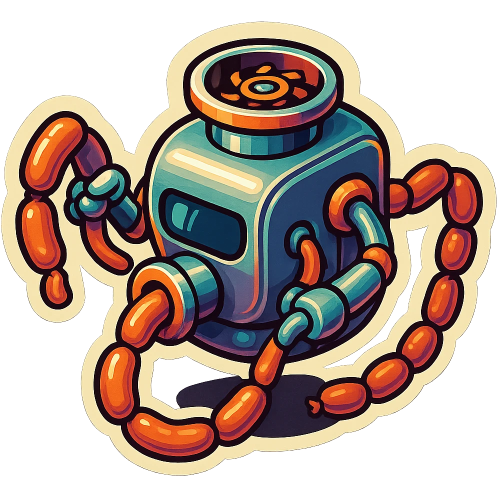 sausage-processing droid. retro-futuristic style. top is a circular industrial hole rotating gears and blades. Two robotic arms feed material into grinder. Sausage links extrude from the rear like  factory. The body is metallic, compact, and floats above the ground.no legs. Dark humor emoji