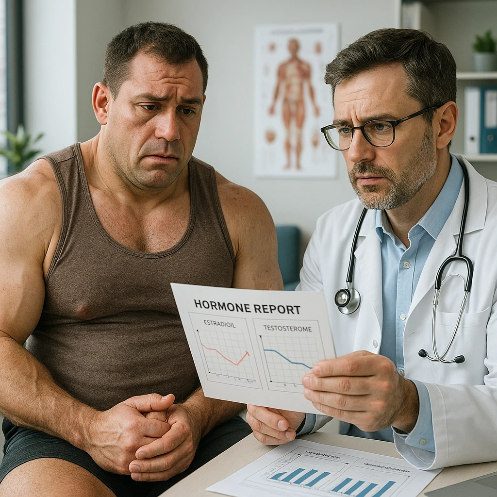 hyperrealistic male bodybuilder with estrogen problems, sitting in front of a doctor holding hormone report charts, worried expression, signs of hormonal imbalance such as swelling and mild gynecomastia, modern medical office, detailed environment emoji