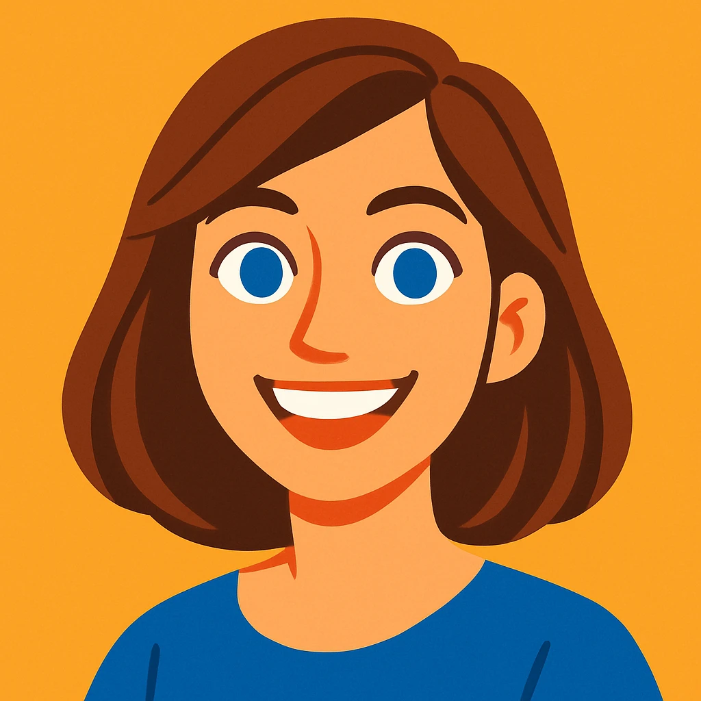 brunette woman with blue eyes smiling, modern friendly illustration style emoji