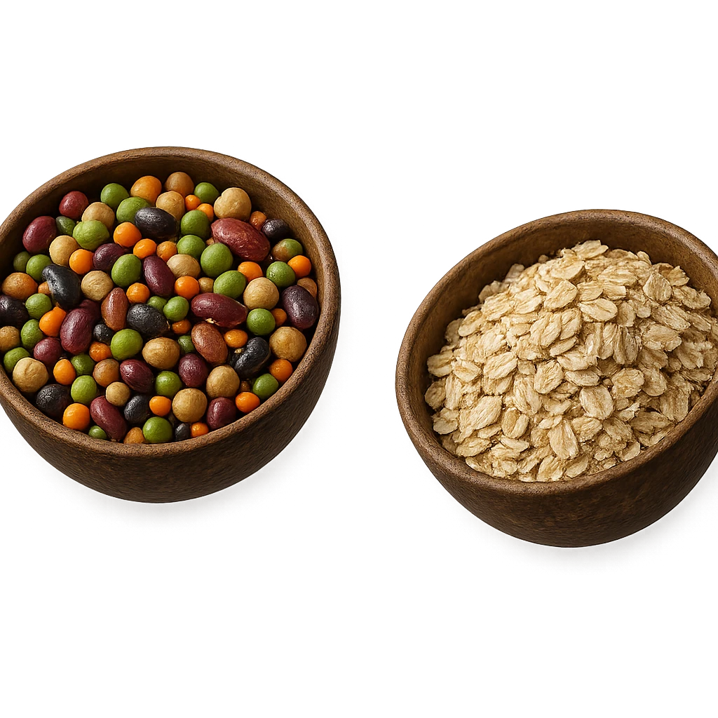 BOWL DI LEGUMI FLUTTUA IN ARIA INSIEME A BOWL DI FIOCCHI DI AVENA,  iperrealistico 4k emoji