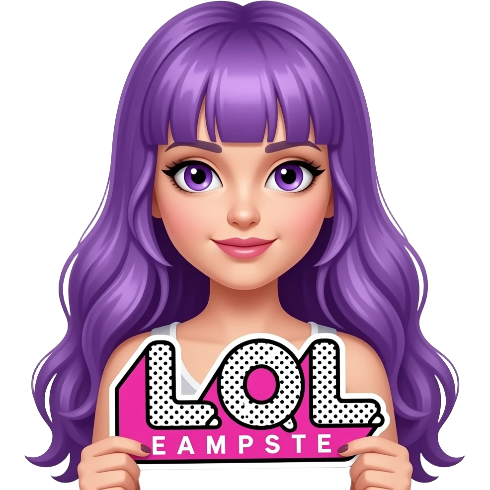 sexy girl with long purple hair and purple eyes holding a L O L sign emoji