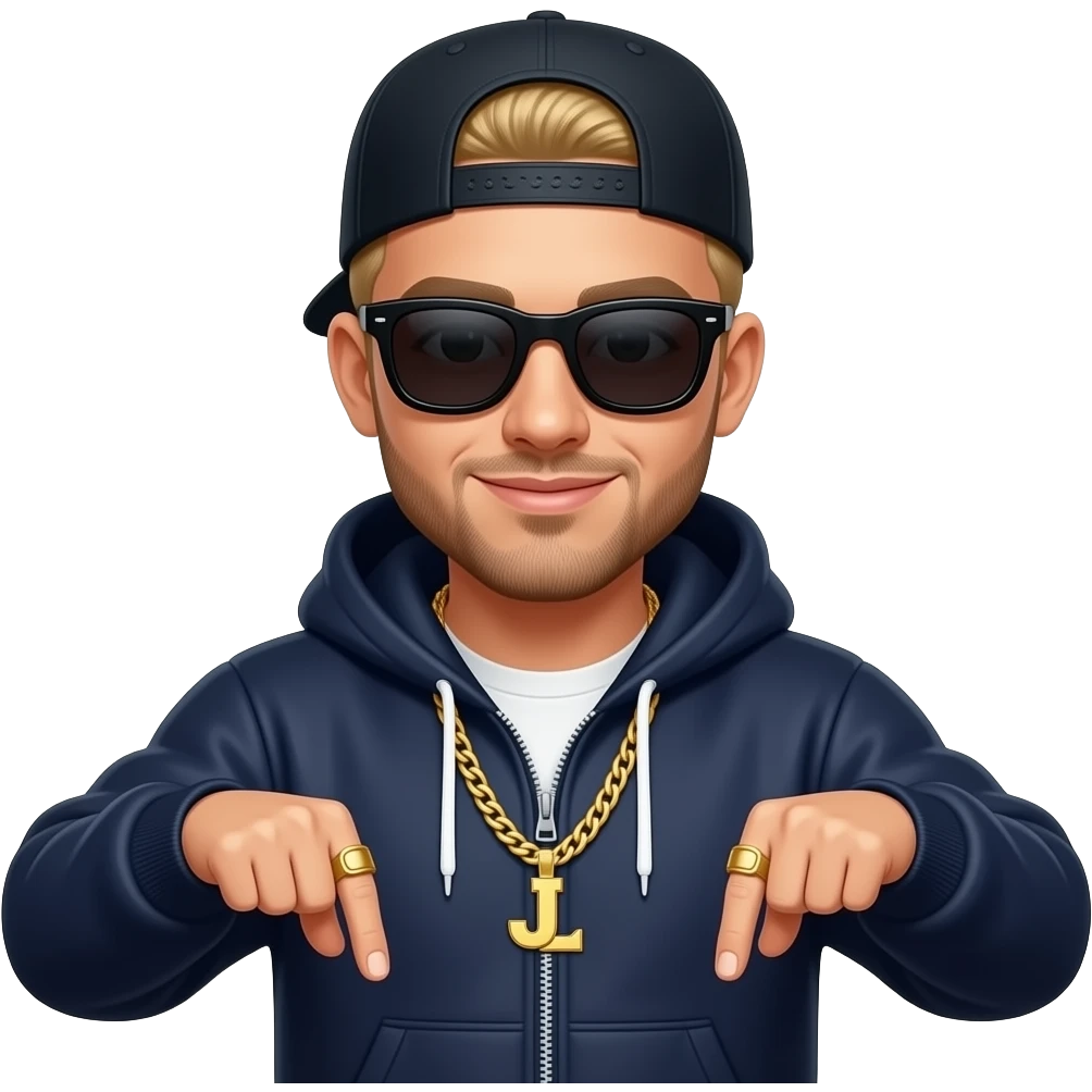 The French rapper Jul. Light skin, trimmed beard, dark navy tracksuit with hood, backwards cap, black sunglasses. Blond hair. both index and middle fingers pointing downward, forming a "J and L" shape. Gold chain and a smirk. Look evoke a Marseille urban vibe. emoji