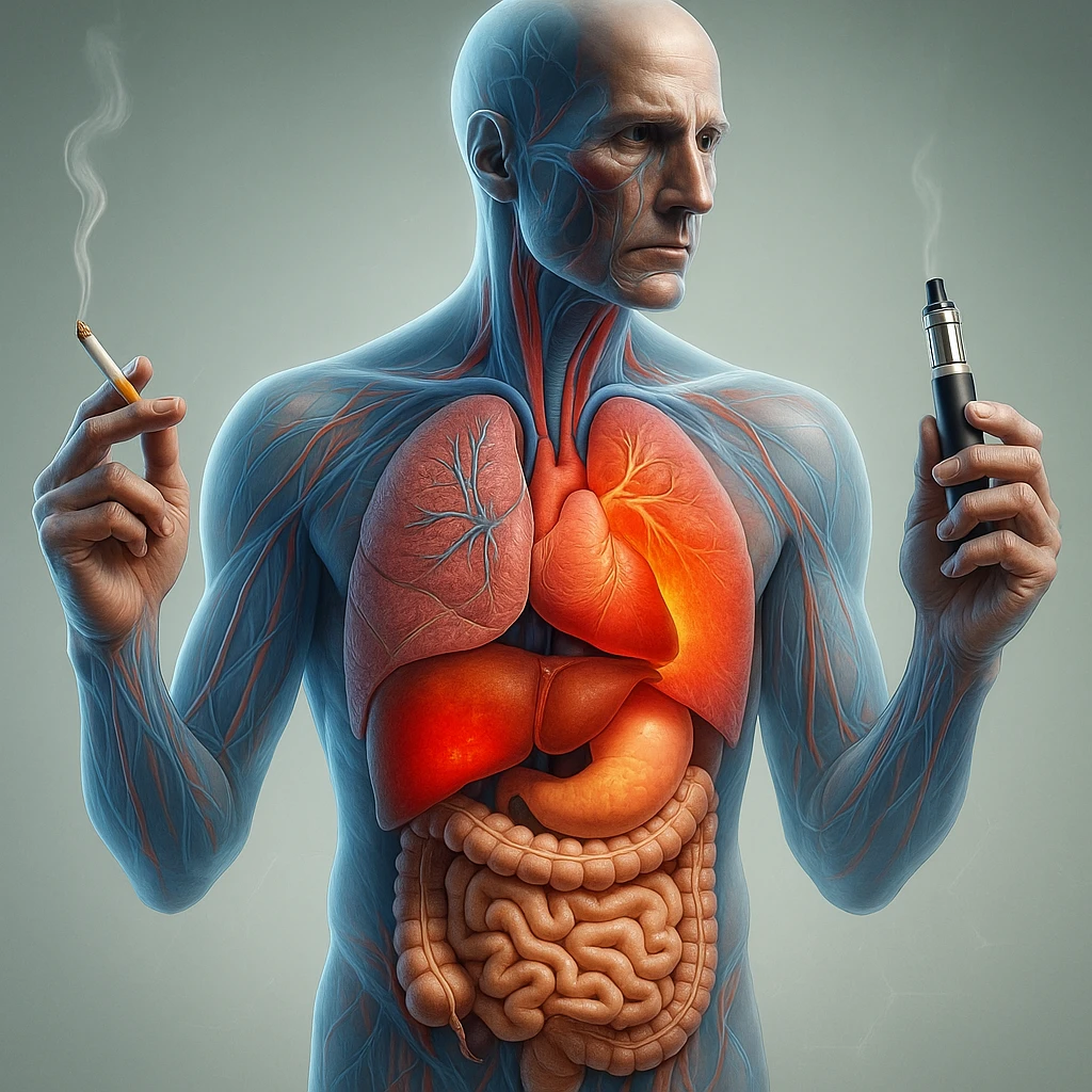 Medical illustration, hyperrealistic 4K, realistic anatomical human body, inflamed liver and intestine highlighted, holding a lit normal cigarette in the right hand and an electronic cigarette in the left hand, clear background, extremely detailed, same lighting and style as the reference image. emoji