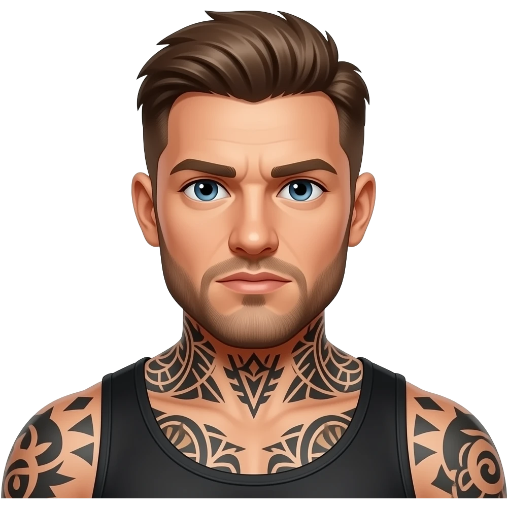 Homem tatuado, pele clara, cabelo castanho, tatuagens no rosto, mais visíveis; homem corpulento com emoji