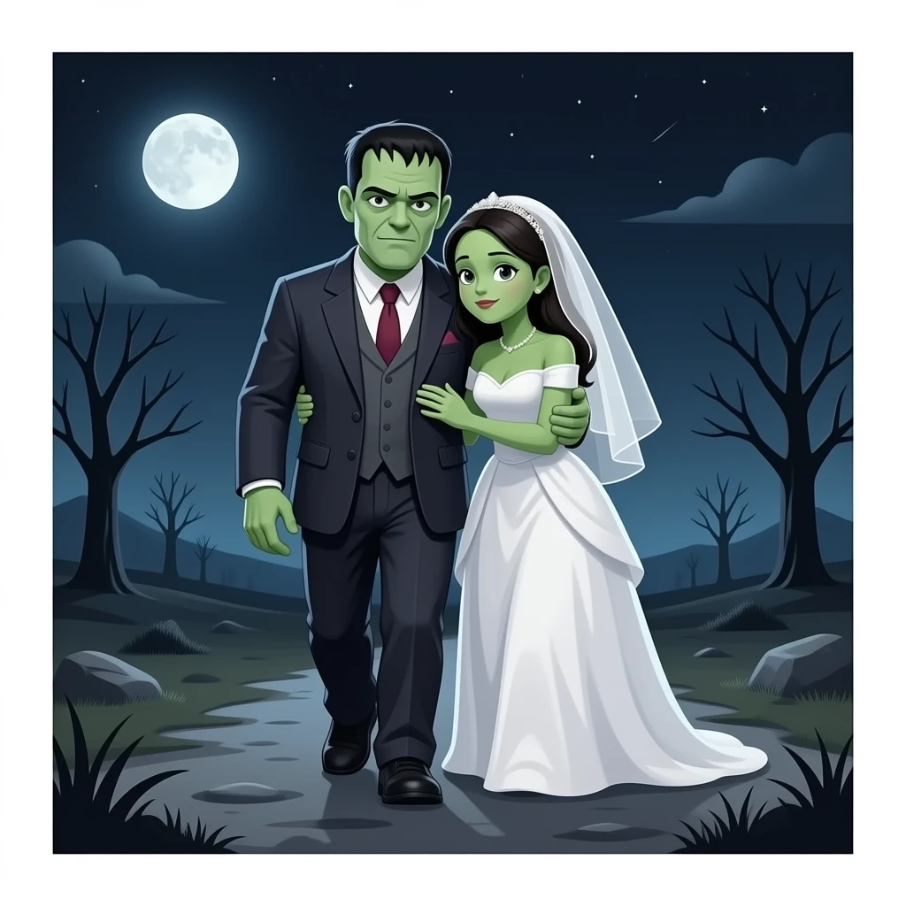 Frankenstein Monster embraces his monstrous bride while walking through a desolate night landscape emoji