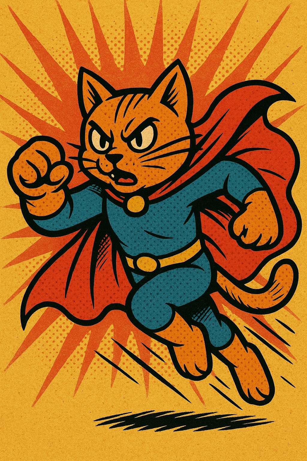 a superhero cat in action pose, old school comic book style emoji