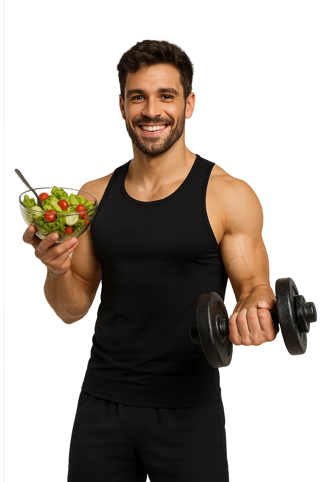 uomo fitness che fa ha un insalata nella mano destra e un manubrio da palestra nella mano sinistra emoji