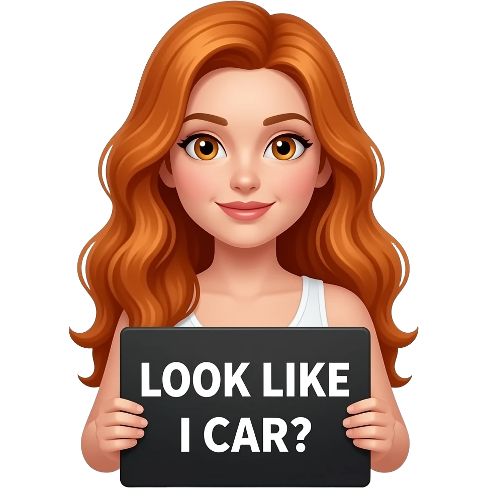 sexy girl with long ginger hair and ginger eyes wearing a white tanktop is holding a black sign with LOOK LIKE I CAR? written on it emoji
