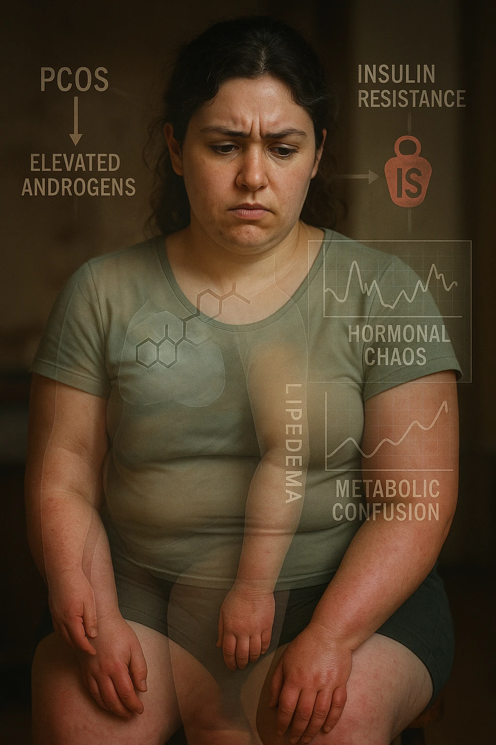 cinematic realistic in italiano Woman with PCOS struggling with hormonal chaos, transparent overlay showing elevated androgens and insulin resistance affecting her body, lipedema causing disproportionate fat accumulation in legs and arms despite normal torso, expression of frustration with unexplained weight gain, medical charts showing complex endocrine dysfunction, painful swollen limbs contrasting with metabolic confusion emoji