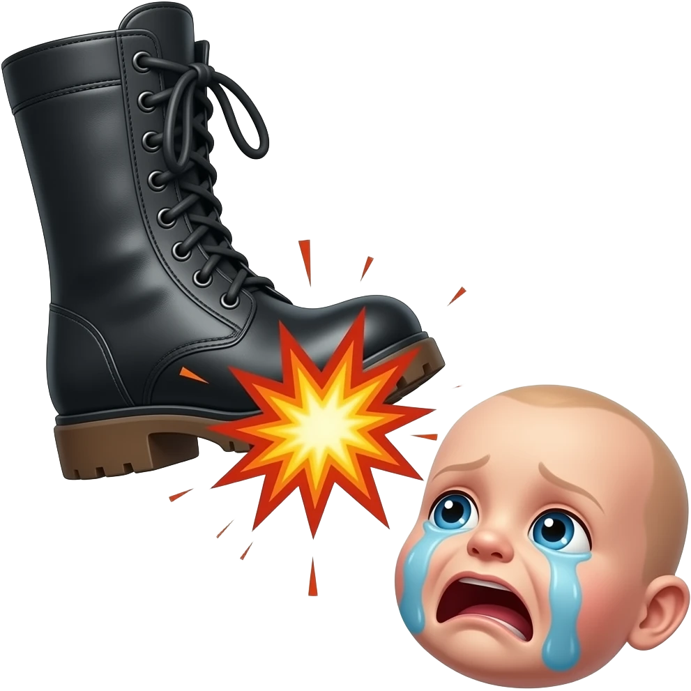 Black boot with explosion at toe kicking a crying baby head emoji
