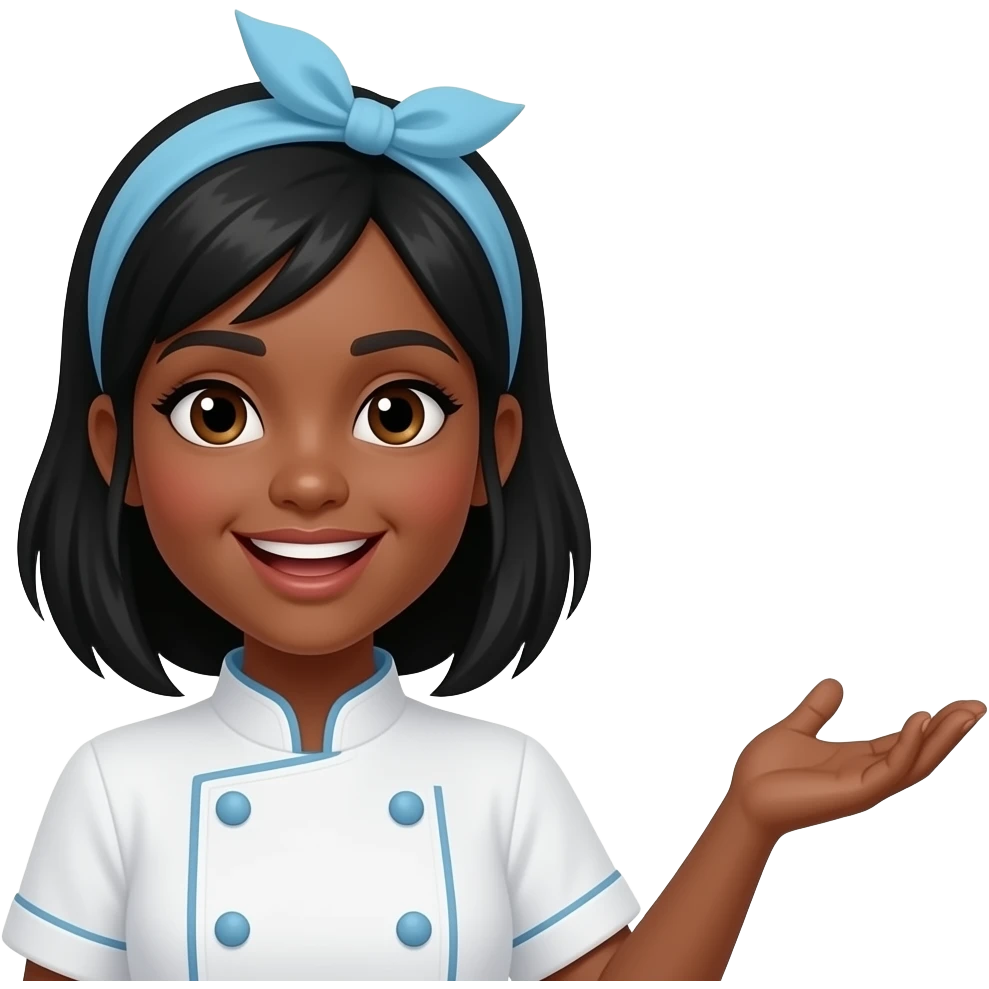 Chica profesion pastelera morena clara, cabello negro. Lleva un pañuelo en su cabello con delantar de color celeste claro! Que diga Muchas gracias por tu compra emoji