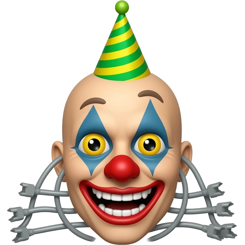 Grey wires with a bald animatronic clown face and no lips with sharp teeth And a green and yellow stripy party hat emoji