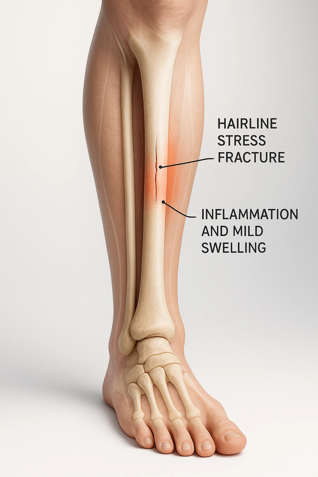3D realistic medical illustration: a close-up of a human lower leg (tibia), showing the bone with a visible hairline stress fracture. The surrounding soft tissue is semi-transparent, highlighting mild swelling and inflammation. Educational labels point to the fracture site. The background is clean and clinical, with a subtle gradient. emoji