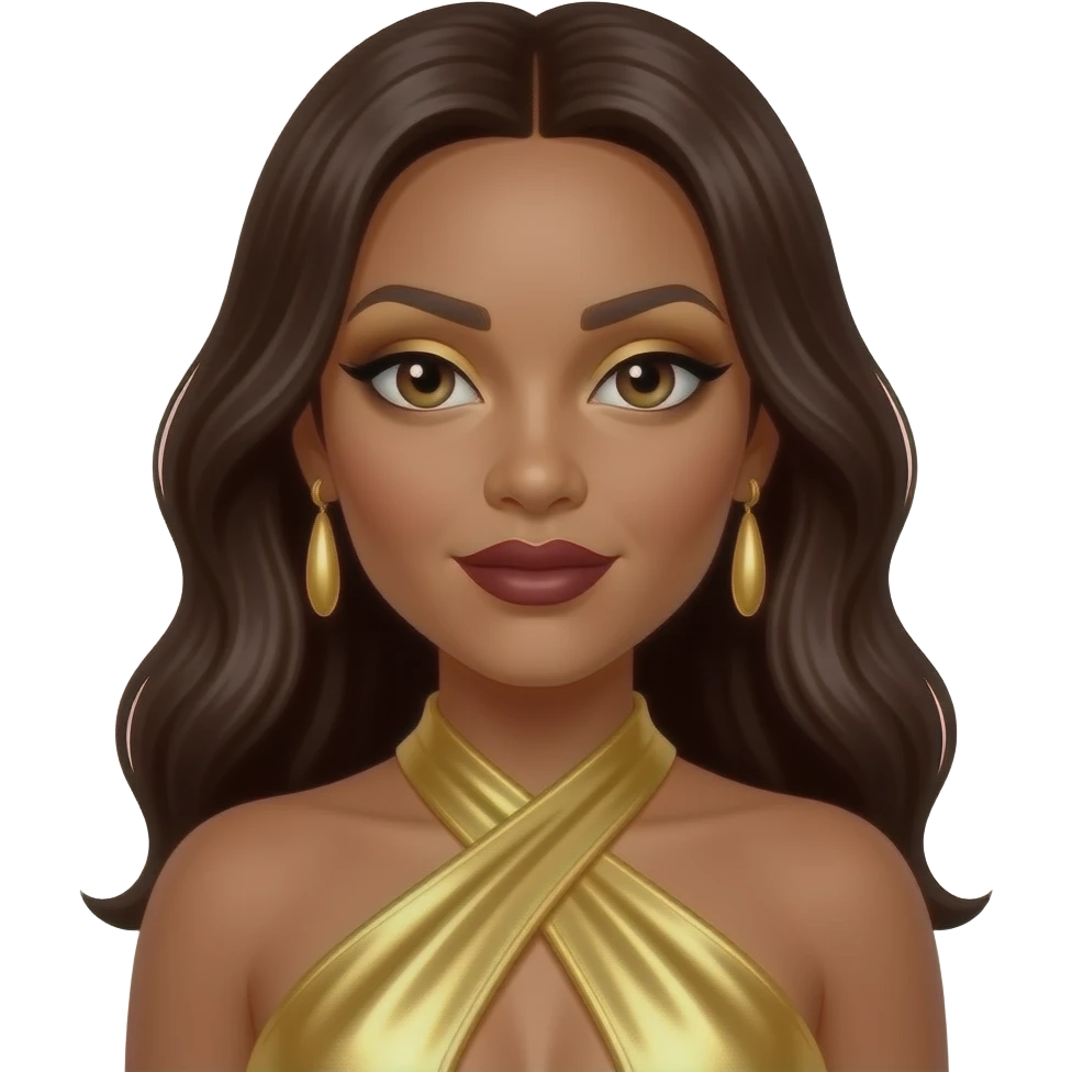 LeToya Luckett from Destiny's Child with dark brown eyes, long dark brown hair, gold eyeshadow, dark red lipstick, gold metallic halter dress, gold earrings emoji