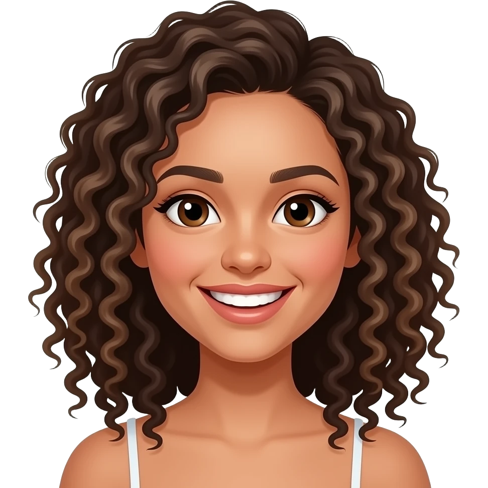 Sie hat Schulter lange Haare. Ihre starken locken fangen eher unten an also sie hat diese Brasilien locks. Wirklich vile kleine löckchen Braune Augen. Jungliches Gesicht und immer am lachen emoji