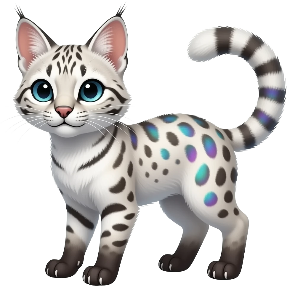 White soft silky smooth vernid-Civet-Genet-Bobcat-Caracal-Serval-animal-hybrid-mix fantasy creature LiLaiRa Kamirah Falvie whiskers paws full body with colorful gradient iridescent patterns fur markings and with a long thin tufted tail feline emoji