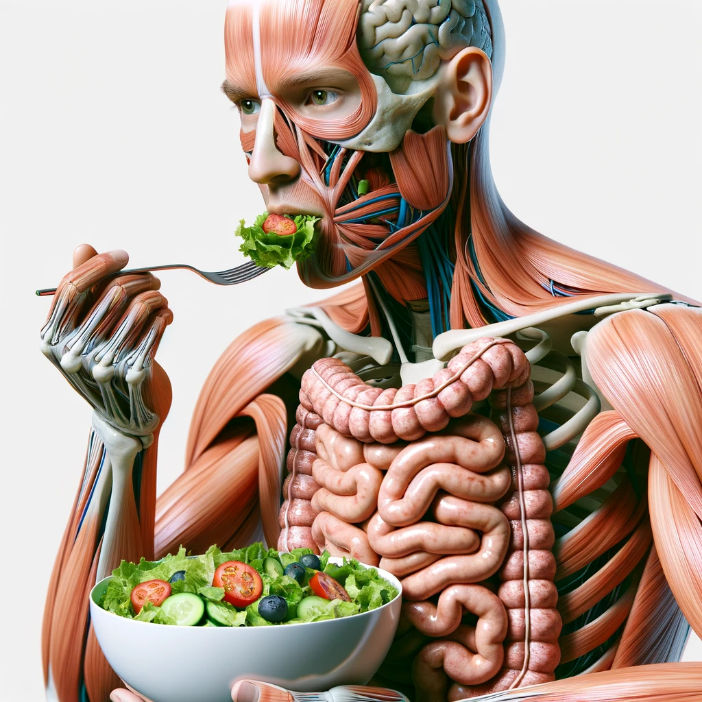 corpo umano anatomico con intestino in evidenza mentre mangia un'insalata con espressione neutra in volto, iperrealistico 4k, isolato su sfondo bianco emoji