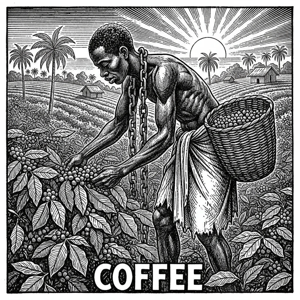 Сгенерируй мне в стиле черно белой гравюры африканского раба с цепью на шее который собирает КОФЕ emoji