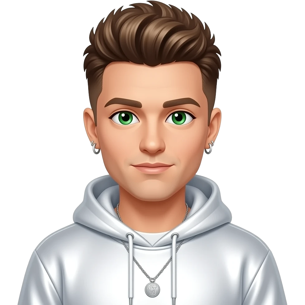 Tony Mortimer from East 17 with green eyes, brown 90s curtain mop top hair, white metallic sweatshirt, necklace and earrings emoji