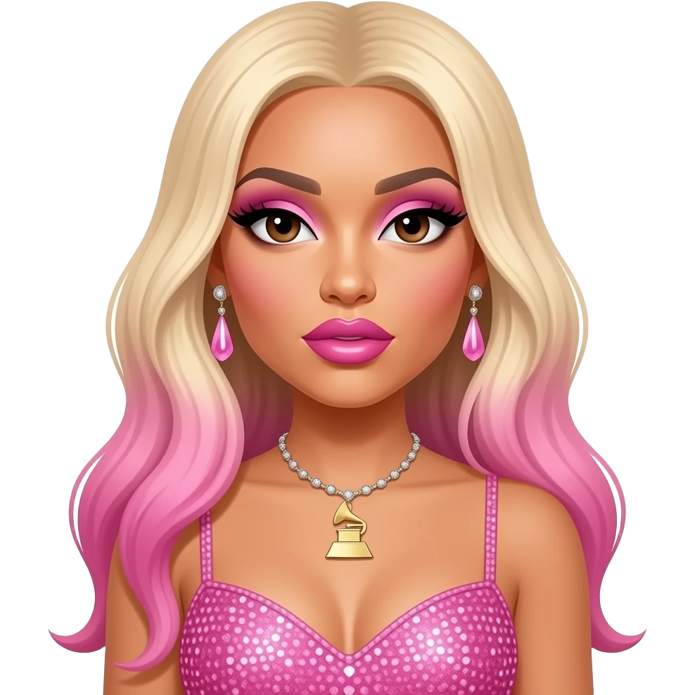 Nicki Minaj with dark brown eyes, long blonde hair with pink ombre, pink eyeshadow, pink lipstick, pink grammy dress, earrings and necklace emoji