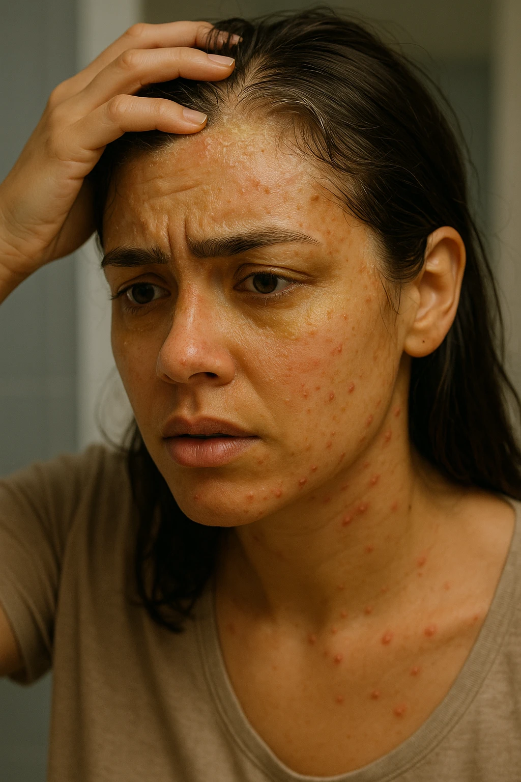 A highly realistic, cinematic close-up portrait of a young woman in her late 20s with medium skin tone, displaying visible folliculitis and seborrheic dermatitis. Small, red, inflamed follicular papules and pustules are scattered along her hairline, jawline, and upper neck, indicating folliculitis. Her scalp and areas around the nose and eyebrows show flaky, greasy yellowish scales, with redness and irritation, indicating seborrheic dermatitis. Her hair appears slightly greasy and clumps near the scalp, emphasizing excess sebum production. She gently touches her irritated scalp with concern while looking at herself in a softly lit bathroom mirror, expressing discomfort and frustration. The environment is neutral and clean, with daylight softly illuminating the scene to highlight the skin and scalp texture. The style is 35mm hyperrealistic, with warm neutral tones and shallow depth of field to maintain focus on her skin, inflammation, and emotional expression, visually explaining the physical discomfort and aesthetic concerns of living with folliculitis and seborrheic dermatitis emoji