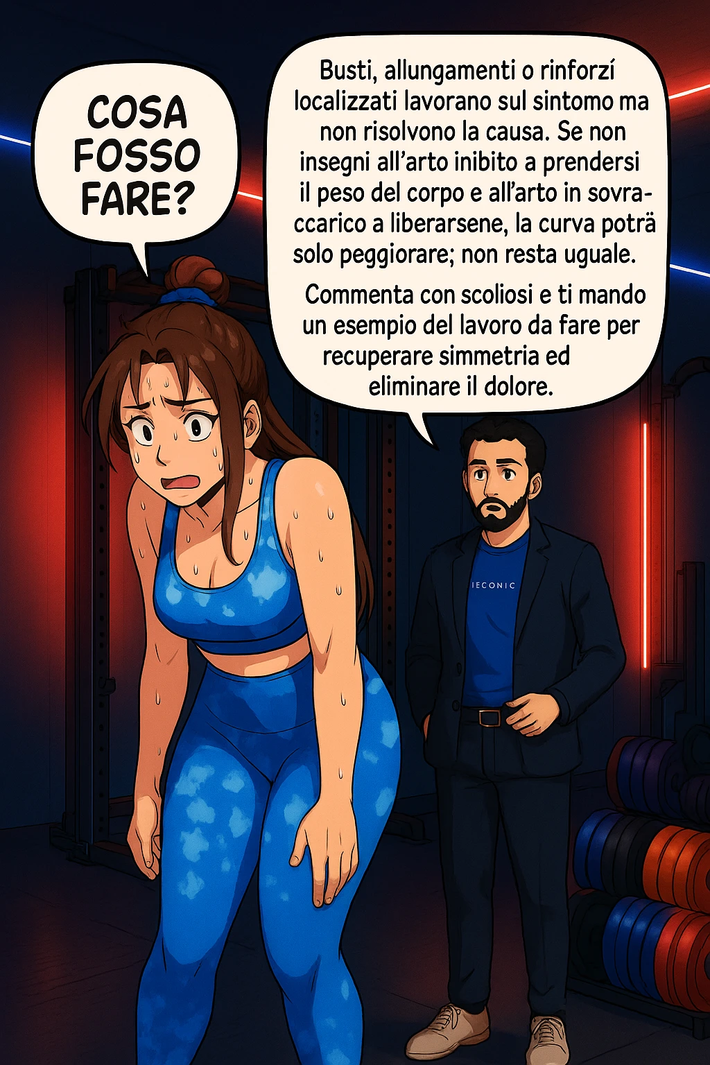 ispirati a questo stile di disegno e fai questa immagine in versione manga/webtoon a colori, il manga mostra la donna preoccupata che chiede: "COSA POSSO FARE?" E L'UOMO CHE RISPONDE: Busti, allungamenti o rinforzi localizzati lavorano sul sintomo ma non risolvono la causa. Se non insegni all’arto inibito a prendersi il peso del corpo e all’arto in sovraccarico a liberarsene, la curva potrà solo peggiorare; non resta uguale. Commenta con scoliosi e ti mando un esempio del lavoro da fare per recuperare simmetria ed eliminare il dolore. emoji