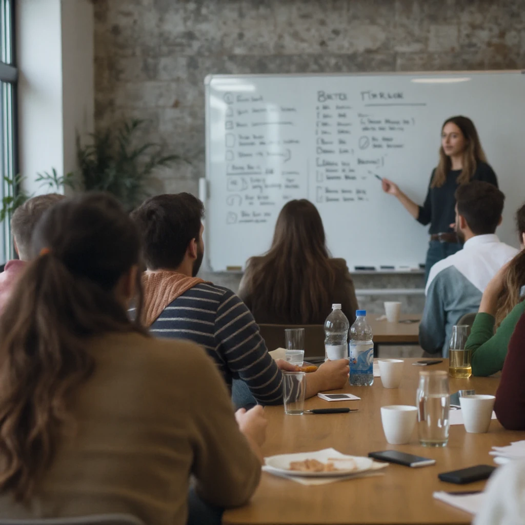 a group of people gathered in a workshop, sitting in front of a whiteboard, realistic style emoji