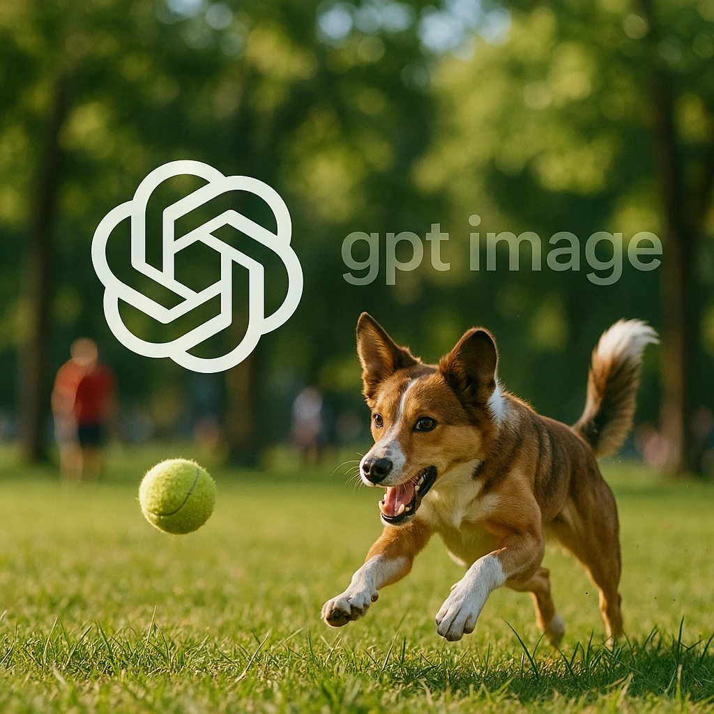  logo of chat gpt with text "gpt image" on the background of a dog chasing ball, realistic image emoji