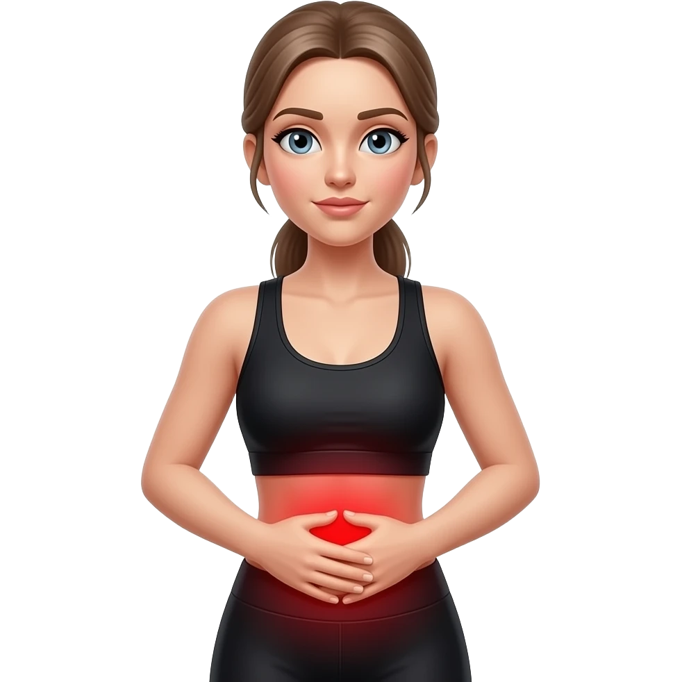core pain, full red glow covering the entire abdominal and waist area, woman holding her abdomen, fair-skinned woman, gray-blue eyes, ash brown brows, ash light brown hair tied back, slim athletic body, black workout set emoji
