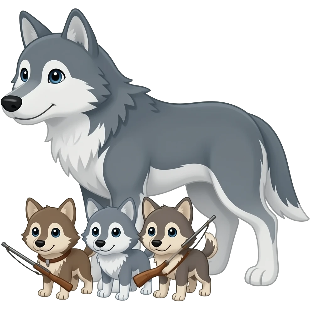 The cartoon wolf haves 3 wolf pups they hunt together emoji