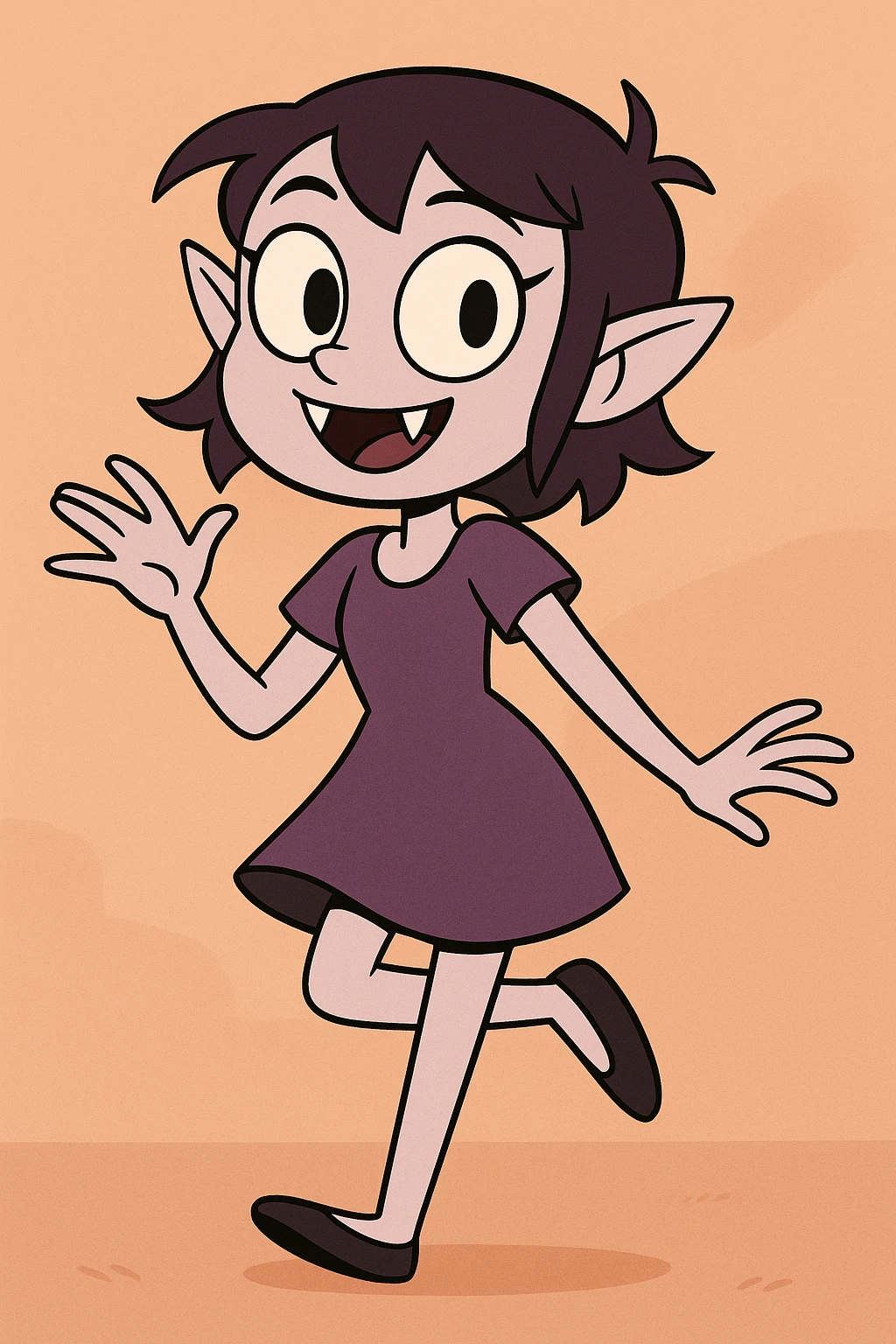 vampire girl, cartoon style, playful pose, purple dress, small fangs, big eyes, cute and friendly emoji