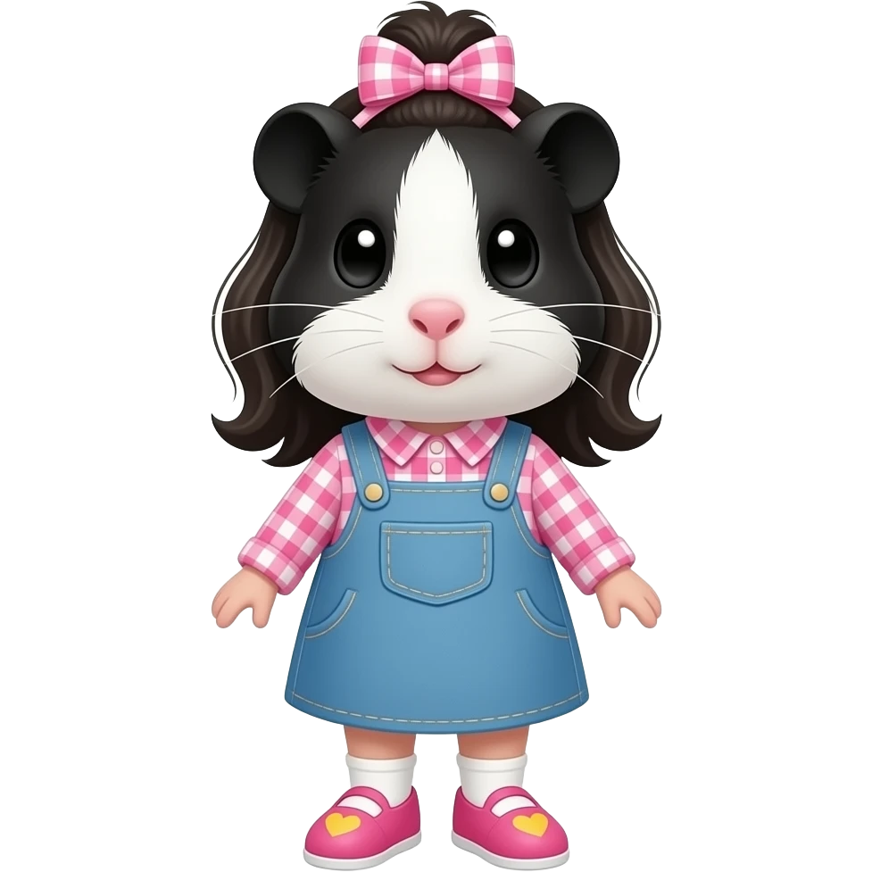 black and white guinea pig in long sleeve pink gingham shirt with a jean dress, pink shoes with yellow hearts and a pink gingham bow in hair emoji