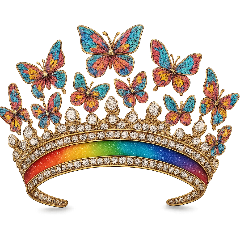 butterfly crown with a rainbow base, butterflies in multicolor enamel, sparkling gems, transparent background emoji