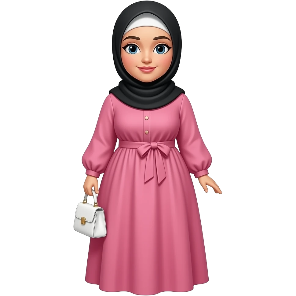 Curvy woman with pink maki dress long sleeves, wearing a black hijab with hair showing at the front, she has white skin and black hair and holds a white purse emoji