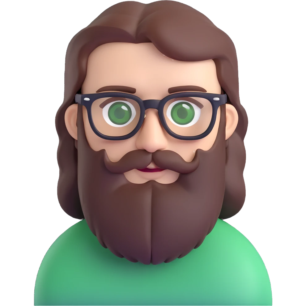 3D style portrait of a white male, mid 30s, green eyes, black square glasses, long brown beard, medium brown hair, neutral expression emoji