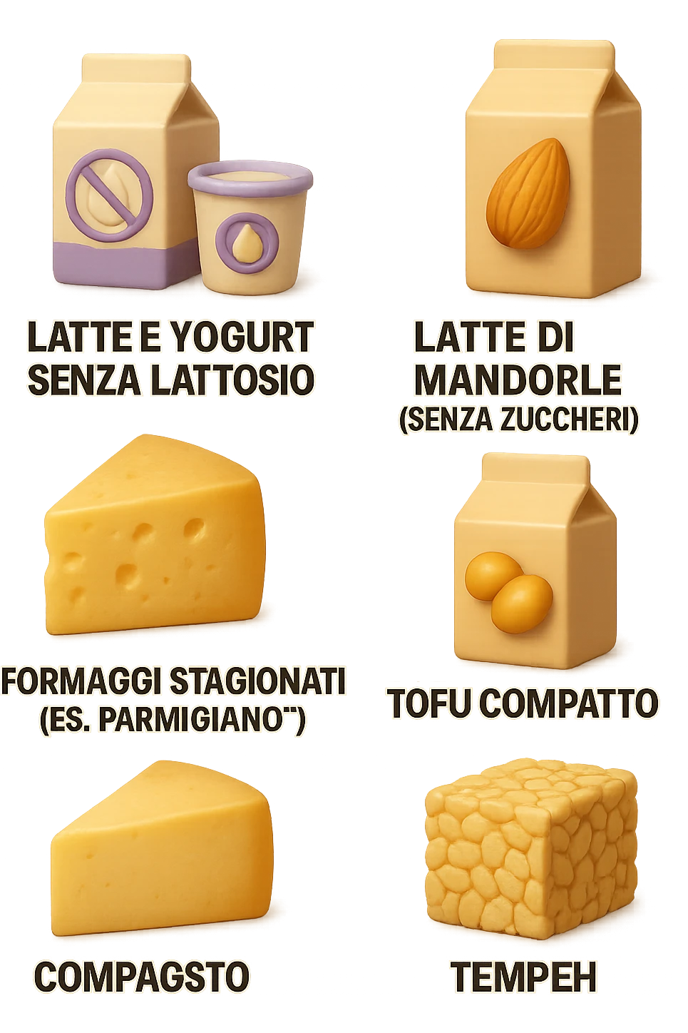emoji stile iphone 3d di questi elementi che fluttuano in aria:

Latte e yogurt delattosati
Latte di mandorla (non zuccherato)
Latte di soia da proteine isolate
Formaggi stagionati (es. parmigiano)
Tofu compatto e tempeh
 che fluttuano in aria,  le etichette scrivile in italiano, iperealistico 4k emoji
