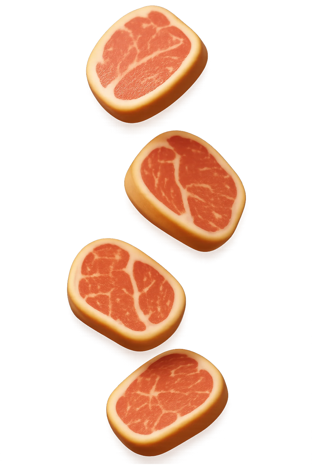 emoji stile iphone in 3d di fette di carne che cadono verticalmente dall'alto, iperrealistico 4k emoji