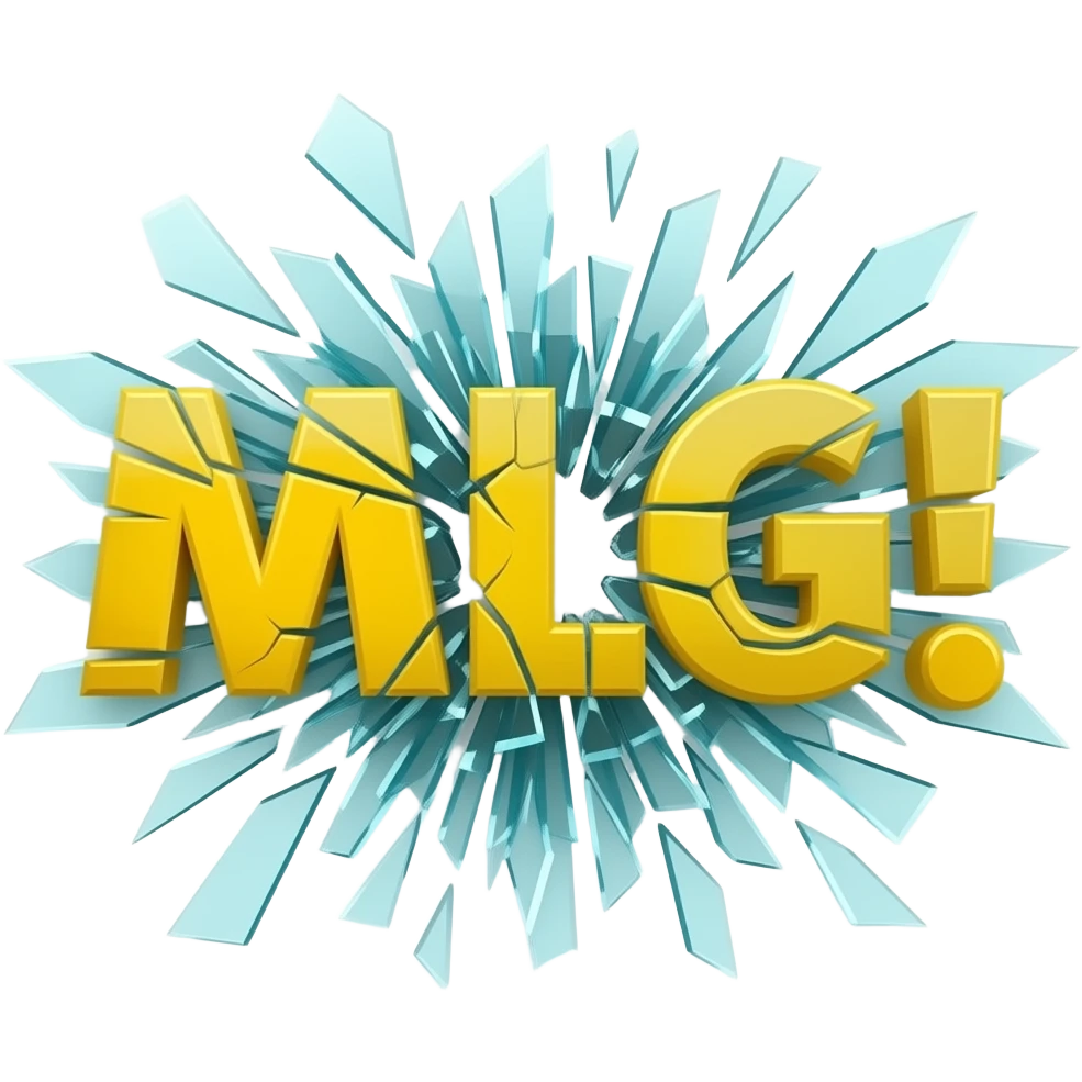 Надпись MLG! жёлтого цвета и рассыпалась на мелкие осколки как стекло от выстрела пули emoji