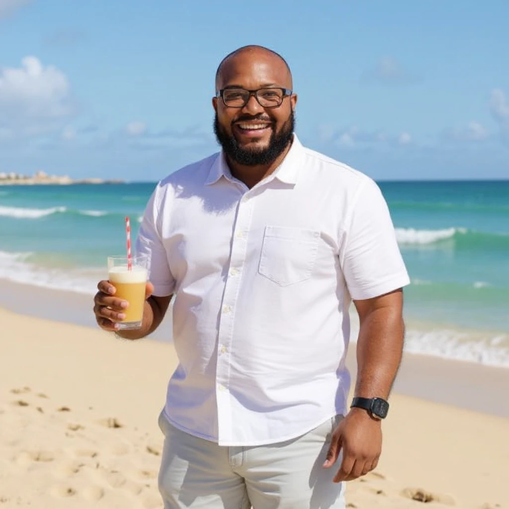take this picture of a man and make it  beach photo with drink emoji