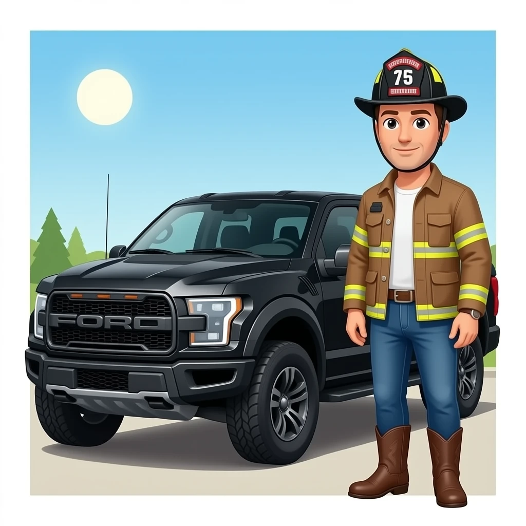Cartoon emoji-style man in jeans, cowboy boots, and a firefighter helmet standing next to a black Ford Bronco in a garage emoji