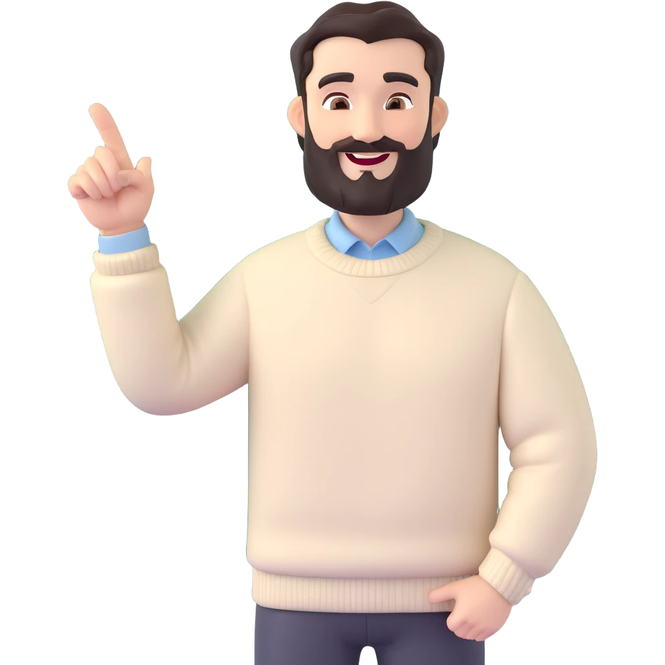 3D cartoon male presenter, dark neatly styled hair, full beard, thick eyebrows, confident friendly smile, wearing cream sweater over pale blue shirt, one hand on whiteboard, other hand pointing sideways, professional approachable, neutral indoor background emoji