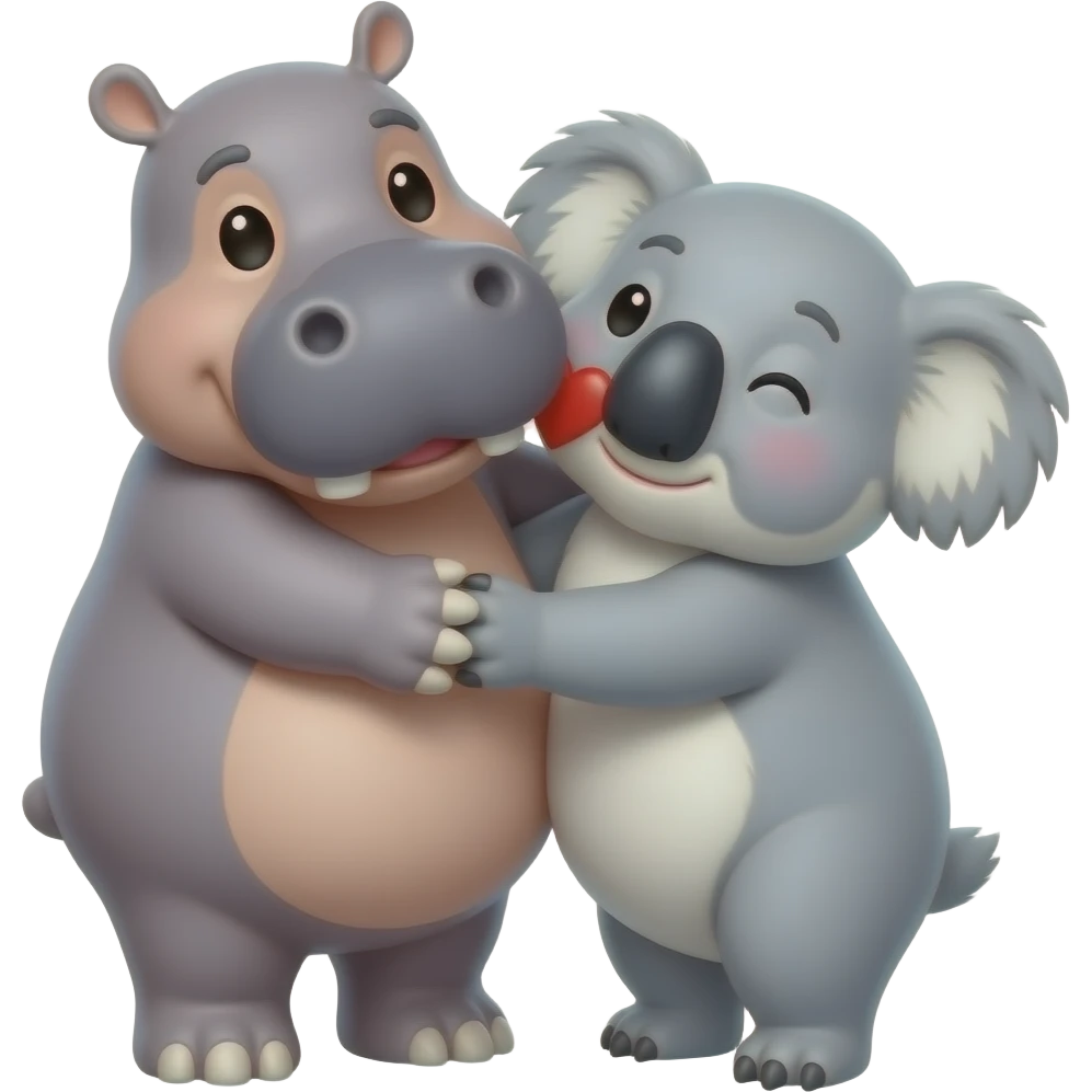 Hippo kissing koala face in love. Hugging.  Realistic. Not cartoon. emoji