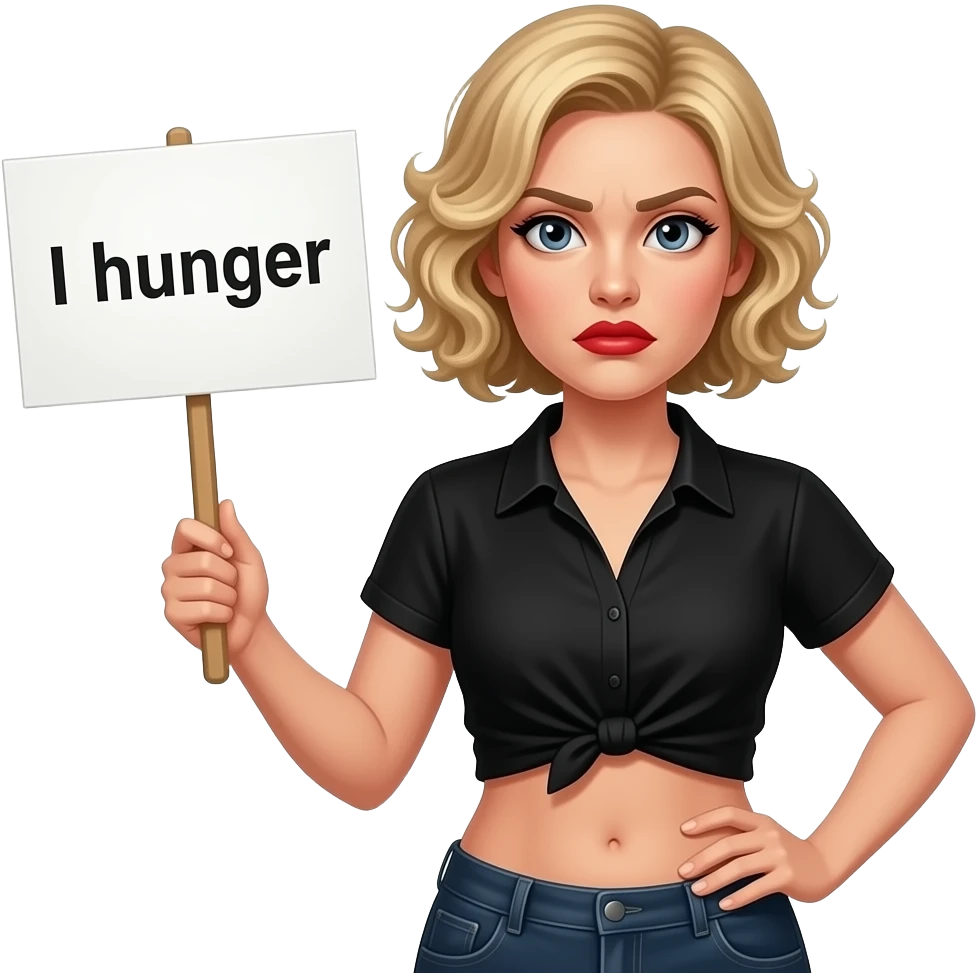 short blonde curly hair side swept bob with hungry face, red lipstick with a sign saying I hunger, my tummy is rummbling in a black short sleeve blouse emoji