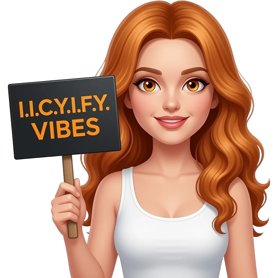 sexy girl with long wavy ginger hair and ginger eyes wearing a white tanktop is holding a black colored sign with I.I.C.Y.I.F.Y. VIBES written on it emoji