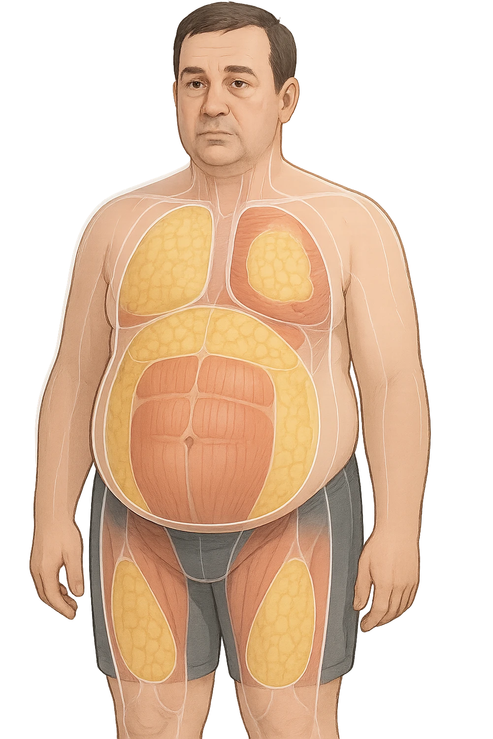 a middle-aged man stands in a clinical setting, with semi-transparent overlays highlighting areas of excess body fat accumulation—such as the abdomen, chest, and thighs. The fat tissue is shown in yellow, contrasting with underlying muscles and organs. The man’s expression is neutral, and the background is clean and modern, emphasizing the educational aspect. emoji