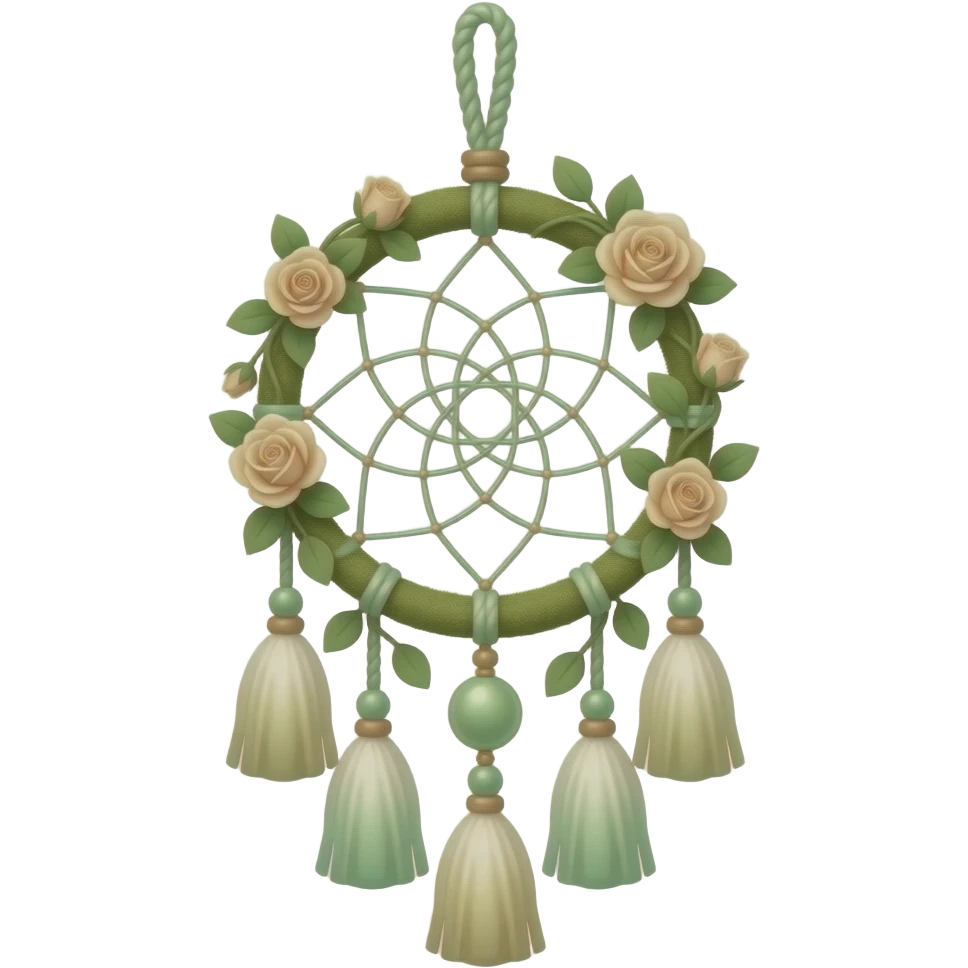 Hippie-like Cute dainty neat Pastel Green-white-brownish-beige-gradients thread-rope-hanging dreamcatcher, pastel colors, whitish, light, green academia aesthetic, mossy, with green vines and beige roses, Cottagecore, Princesscore, shiny glistening, vintage emoji
